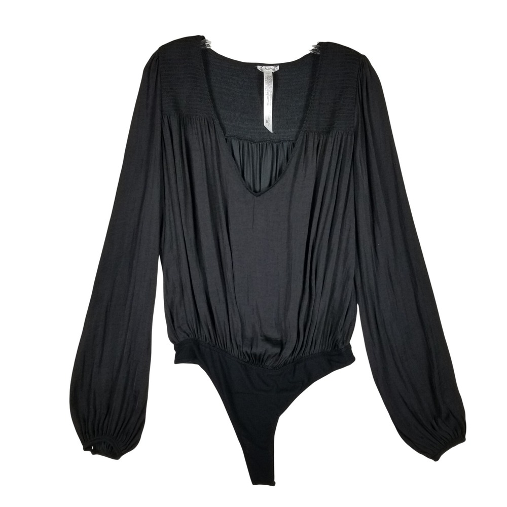 Free People Bodysuit Womens Small Black Smocked V-Neck Balloon Sleeve OB1085266